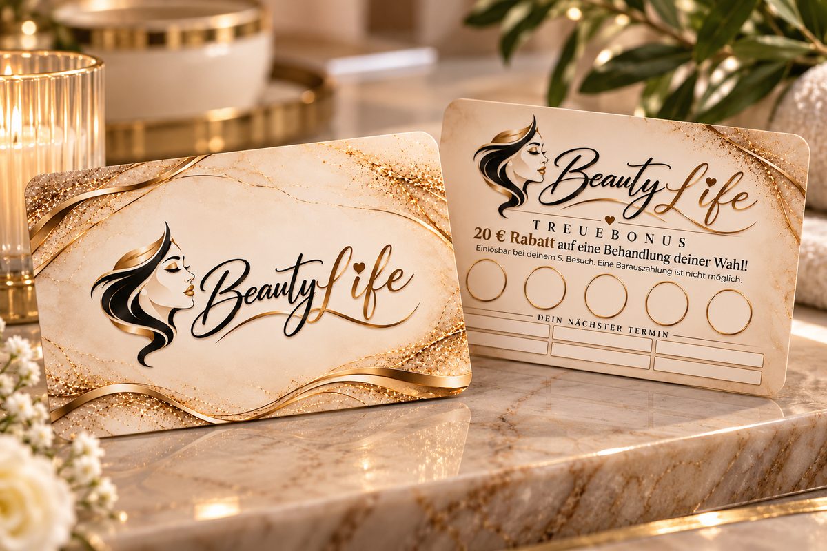 Die Beautylife-Treuekarte: Vorderseite mit Logo, Rückseite mit fünf Stempelfeldern und dem Treuebonus „20 € Rabatt – einlösbar bei deinem 5. Besuch“